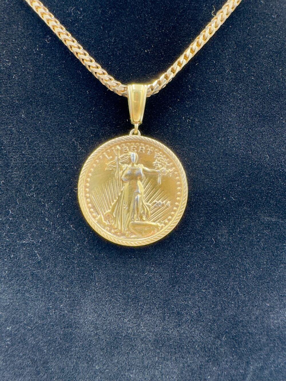 18k GP Over 925 Sterling Silver American Eagle Liberty Pendant 24" Franco Chain